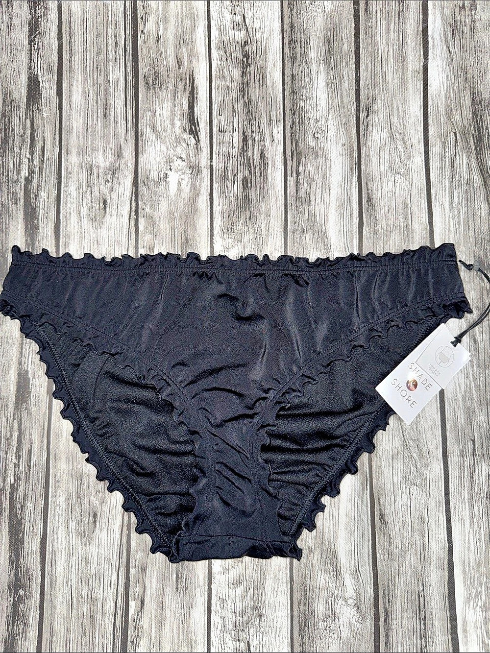 Shade & Shore Ruffle-Edge Cheeky Coverage Bikini Bottom Black NWT